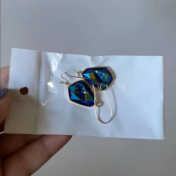 Blue & Green Iridescent Imitation Stone Earrings - Picture 6 of 7